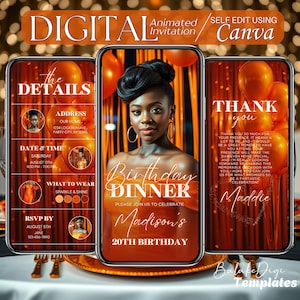 Orange Animated Birthday Dinner Invitation: Editable Text (Digital)