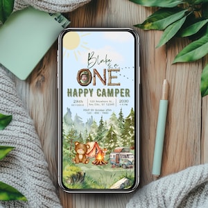 Happy Camper 1st Birthday Invitation: Rustic Forest Evite (Digital)