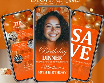 Orange Birthday Invitation Digital: Animated Birthday Dinner Invite, Brunch Birthday Party, Video Evite, Save the Date, Canva Template