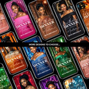 May include: A collage of nine digital phone screen mockups with a birthday dinner invitation design. The invitations feature a photo of a person, a colorful background, and the text "Birthday Dinner" with the name "Madison's" and the age "20th Birthday".