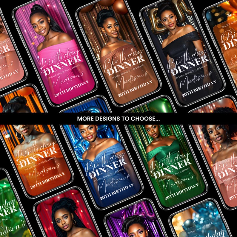 May include: A collage of nine digital phone screen mockups with a birthday dinner invitation design. The invitations feature a photo of a person, a colorful background, and the text "Birthday Dinner" with the name "Madison's" and the age "20th Birthday".