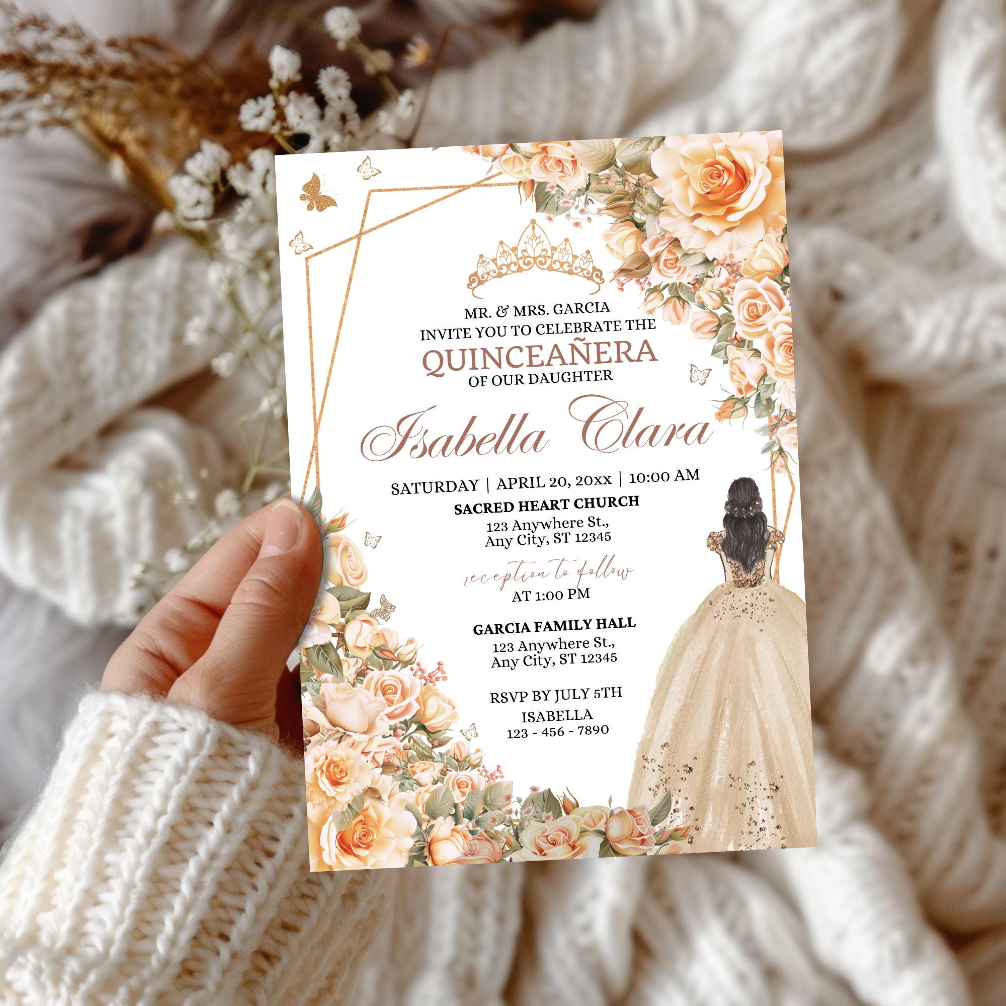 Plantilla de invitación para quinceañera con champán: diseño floral  editable (digital) - Etsy México, image size:2000x2000