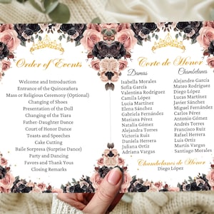 Modelo de Programa Quinceanera Preto e Dourado Ordem de Eventos Quinceañera Quince Damas de Honor Corte Mis Quince Anos XV 15 Padrinos List Card