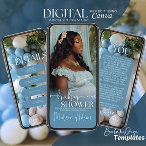 Zaproszenie na baby shower z niebieskim misiem do pobrania w wersji cyfrowej: animowane zaproszenie na baby shower, brunch dla chłopca, wideo zaproszenie na baby shower Canva