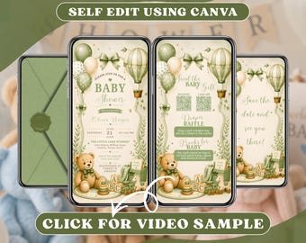 Sage Green Teddy Bear Baby Shower Digital Invitation Template, Hot Air Balloon Invite, Gender Neutral Reveal, Animated Mobile Evite