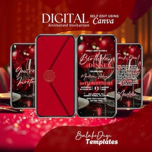 May include: Digital animated birthday invitation template. The design features a red envelope with a wax seal and three smartphones displaying the invitation details. The text includes "Birthday Dinner" and event details.