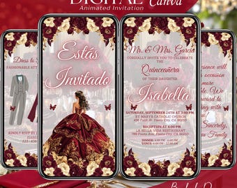 Burgundy Red Quinceanera Invitation Digital: Animated Mis XV Anos, 15th Birthday Invite, Butterfly Quince Video, Canva Save the Date Evite