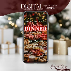 Christmas Dinner Invite, Digital Christmas Brunch Invitation Animated Video, Holiday Party Evite, Modern Xmas Self Editable Template