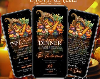 Uitnodiging Thanksgiving-diner, uitnodiging herfstfeest, digitale download, geanimeerde uitnodigingen, Friendsgiving-feest, video-avond, Canva Save the Date