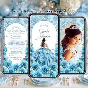 Animiertes Baby Blau Quinceaños Einladungsvideo, XV Mis Quince Años Digitales Evite, bearbeitbare Sweet 15 Virtuelle Party einladen, sofortiger Download