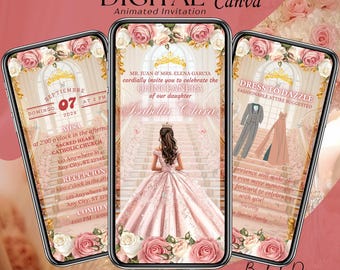 Blush Pink Quinceanera Invitation Digital, Animated Mis XV Template, 15 Years Old Birthday Video, Mis Quince Anos Evite, Save the Date Canva