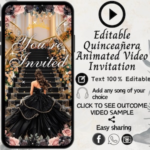 Black Quinceanera Invitation, XV Video Invite, Animated Quinceanera Invitation, 15 Anos, Digital Quince Invitations, Quinceanera Evite, Text