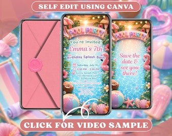 Zomer splash zwembad partij video verjaardagsuitnodiging met envelop digitale evites, pastel geanimeerde kinderen zwemmen bash, tropisch weekend uitnodigen