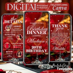 Animated Red Birthday Dinner Invitation: Elegant Text Evite (Digital)