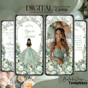Sage Green Quinceanera Invitation Digital: Animated Mis XV Anos, 15th Birthday Invite Template, Butterfly Quince Video, Save the Date Evite
