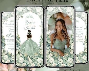 Sage Green Quinceanera Invitation Digital: Animated Mis XV Anos, 15th Birthday Invite Template, Butterfly Quince Video, Save the Date Evite