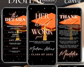 May include: A digital graduation invitation with a black background and gold stars. The invitation features a graduation cap with a gold tassel and the text "HER hard WORK paid off". The invitation also includes the text "PLEASE JOIN US FOR A GRADUATION CEREMONY HONORING Madison Adams CLASS OF 20XX".