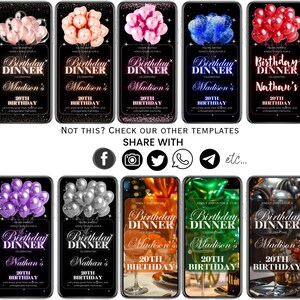 May include: Ten different digital birthday dinner invitation templates with black backgrounds and colorful balloons. The text on the invitations reads "Birthday Dinner" and includes the name "Madison" or "Nathan" and the age "20th Birthday".
