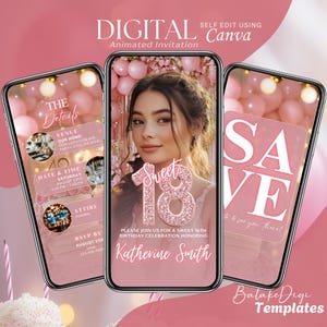 Pink Sweet 18th Birthday Invitations Digital: Animated Birthday Invite, Eighteenth Birthday, Video Evite, Save the Date, Canva Template