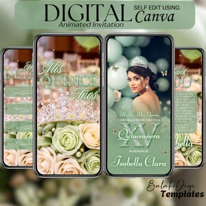 Sage Green Quinceanera Text Invitation Glam 15th Birthday Party Video Invite Mis Quince Anos XV Western Animated Quinceañera Digital Evite