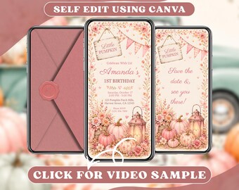 Digital Pink Little Pumpkin Birthday Invitation: Animated Mobile Video Evite, Floral Autumn Farm Harvest Party, Girl Garden Online Invite