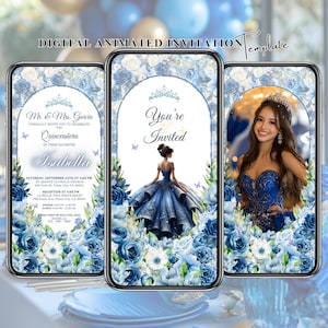 Invito Quinceanera blu navy, XV invito video, invito Quinceanera animato, 15 anni, inviti digitali Quinceanera, invito Quinceanera