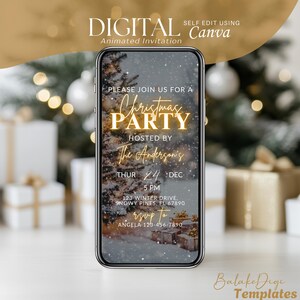 Animated Christmas Party Invitation Video Digital Holiday Greeting Animated Xmas Evites Company Brunch Dinner Self Editable Template Card