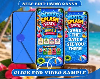 Waterpark video-verjaardagsuitnodiging met envelop digitale evites, geanimeerde kinderen zwembas, Splash Pool Party, zomerweekend uitnodigen