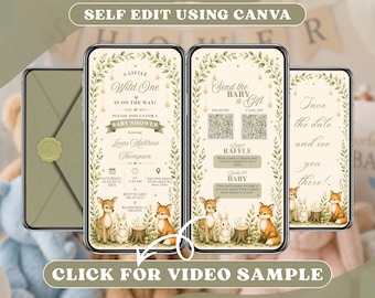 Sage Green Baby Shower Invitation Digital, Greenery Woodland Animals Party Invite, Gender Neutral Reveal, Animated Mobile Video Evite