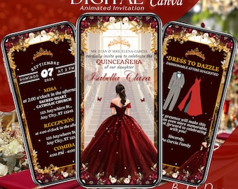 Burgundy Red and Gold Quinceanera Invitation Digital, Animated Mis XV Anos, 15th Birthday Invite, Quince Video, Canva Save the Date Evite