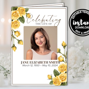 May include: A white memorial card with a photo frame, yellow roses, and the text "Celebrating the Life of Jane Elizabeth Smith March 12, 1950 - May 10, 2024".