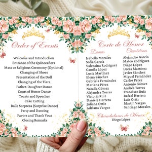 May include: A white card with a gold crown and pink flowers. The card lists the order of events for a Quinceañera celebration, including the entrance of the Quinceañera, changing of shoes, presentation of the doll, and more. The card also lists the names of the court of honor, including the damas and chambelanes.