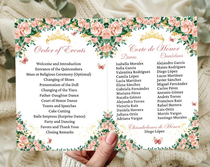 Sweet 16 Program Example Editable Tri-fold Program Template Quinceañera Invitation Blush Pink ...