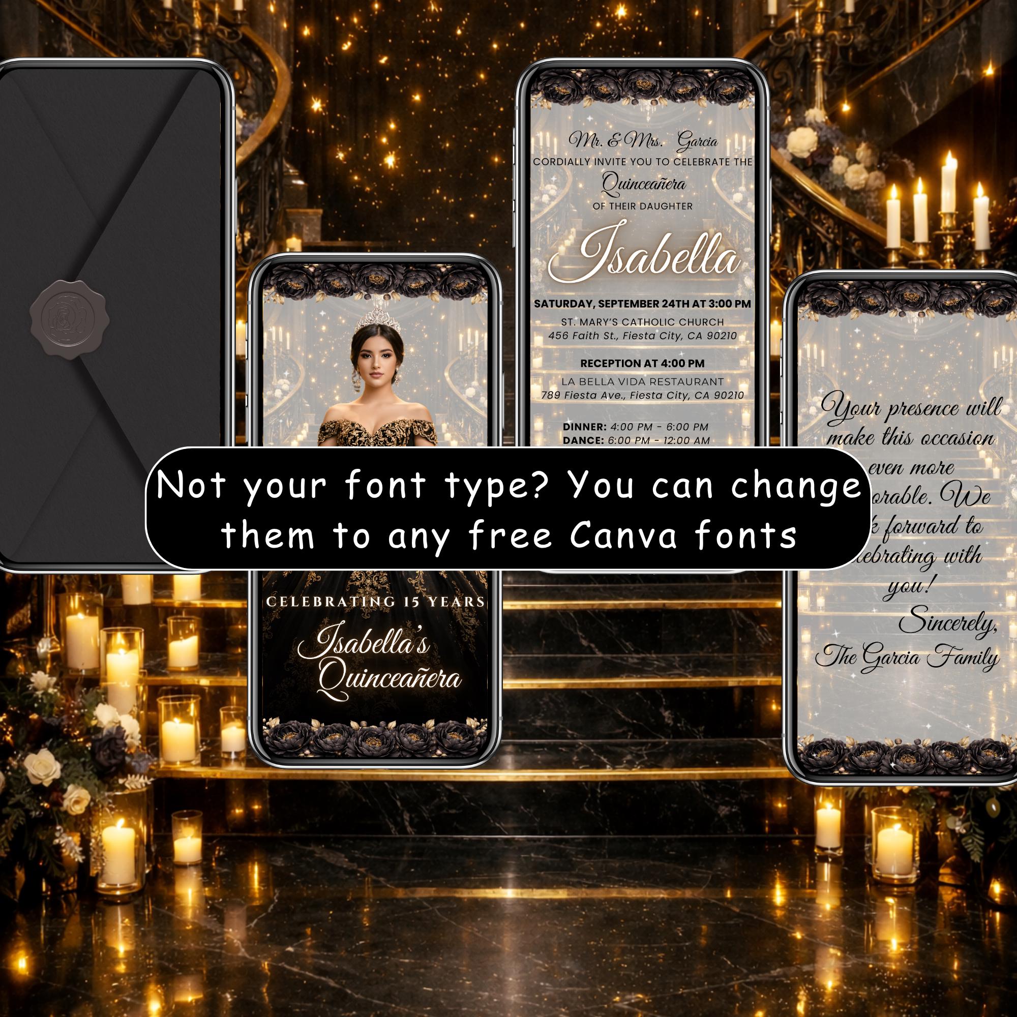 Digital Quinceanera Invitation With Envelope, Black and Gold ...