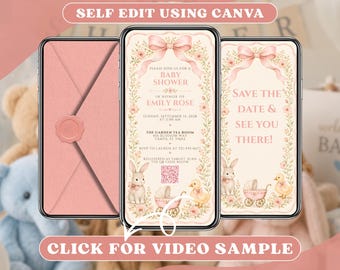 Pink Bow Baby Shower Invitation, Girl Watercolor Floral Bunny Duckling Vintage Pram Party Invite, Mobile Video, Animated Digital Evite