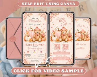 Teddy Bear Pumpkin Baby Shower Invitation Digital, Girl Baby Shower,  Pink Fall Autumn Party Online Invite, Animated Mobile Video Evite