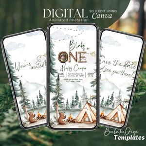 Camping Birthday Invitation, Woodland Bear and Campfire, Animated Video Evite, Editable Canva Template, Forest Adventure Party for Any Age