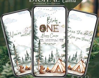 One Happy Camper Birthday Invitation: Animated First Birthday Party Invite, 1 Year Old Party, Baby Camping Birthday Video, Canva Template