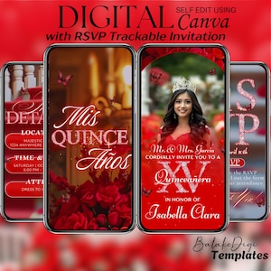 May include: Digital invitation for a Quinceañera, featuring a red and gold floral design with a photo of the birthday girl in a red dress. The text reads "Mis Quince Años" and "Isabella Clara".