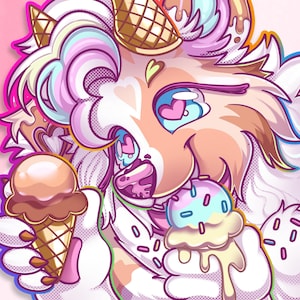 May include: A colorful cartoon illustration of a creature with ice cream cones. The creature has a light brown and white fur with a waffle cone crown. It holds two ice cream cones, one chocolate and one with sprinkles, against a pink background.