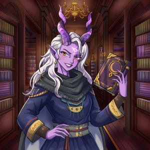 Puede incluir: Un personaje de piel morada con cabello blanco y dos grandes cuernos morados texturizados, vistiendo una túnica azul oscuro con ribetes dorados, una bufanda negra y un collar de media luna, sosteniendo un libro morado con un emblema de luna dorada.