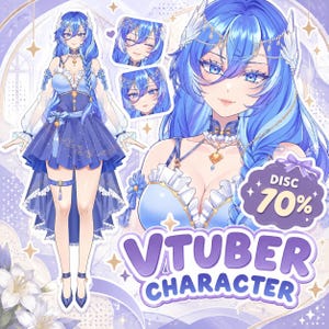 May include: A digital illustration of a VTuber character with long blue hair, wearing a blue dress with ruffled accents, sheer sleeves, and gold jewelry. The image includes two smaller facial expressions and text that reads DISC 70% VTUBER CHARACTER.