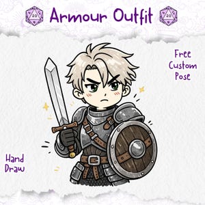 Peut inclure: Illustration dessinée à la main d'un personnage en armure, tenant une épée et un bouclier. Le personnage a les cheveux clairs et porte une armure complète avec une ceinture en cuir marron. Le texte indique "Armour Outfit" et "Free Custom Pose".