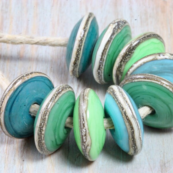 Blue, Green & Grey Glass Beads, Handmade Lampwork Disc Set of 9