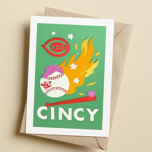 Carte postale des Cincinnati Reds — Impression d'art baseball découpée à la main | Cadeau sportif | Papeterie Ohio | Fan art en papier