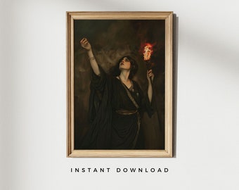 May include: A woman in a dark robe holds a torch with a fiery flame. The woman is looking up and her arms are raised. The background is dark and smoky.