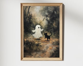 Ghost and Cat in a Forest, Cute Ghost and Cat Art, Spooky Halloween Print, Dark Academia Painting, Perfect for House or Room Wall Art Decor