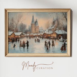 Vintage Winter Skating Print - Antique Holiday Wall Art - Winter Decor - Printable Art - Winter Landscape Download