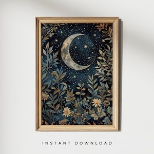Mond botanisch, dunkles Cottagecore-Dekor, dunkle Academia-Druck, launische Wandkunst, William Morris inspirierter Druck