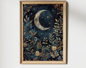 Moon Botanical Print: Dark Cottagecore, William Morris Style (Digital Download)